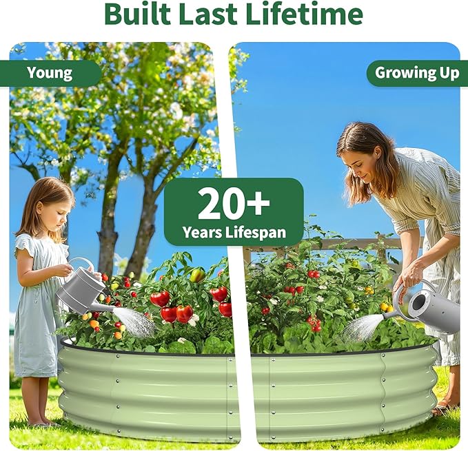 Kesfitt Round Raised Garden Bed, 4x4x1 FT Galvanized Steel Metal Garden Bed, Open-Bottom Design, 12-Inch Deep Outdoor Raised Garden Bed for Vegetables & Herbs, Fruit Green