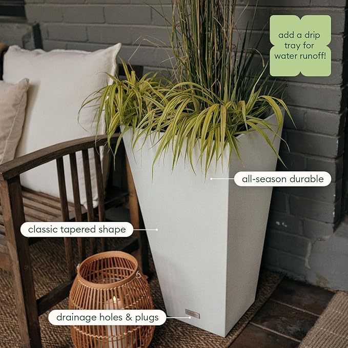 Veradek V-Resin Indoor/Outdoor Taper Planter (Black, 26 inch - 2 Pack with 2 Saucer Trays)