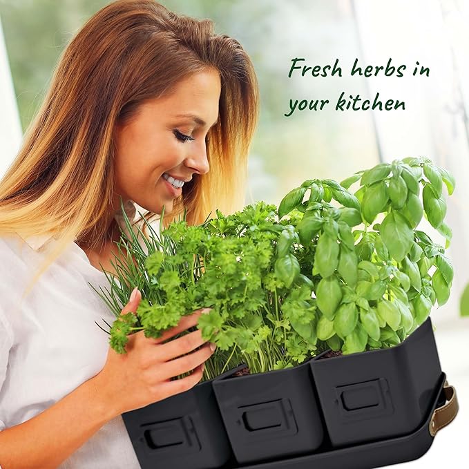 volila Herb Planter Indoor - Set of 3 Black Indoor Herb Garden Pots for Plants with Leather Handled Tray - Window Sill Plant Shelf - Herb Pots with Drainage Holes and Labels