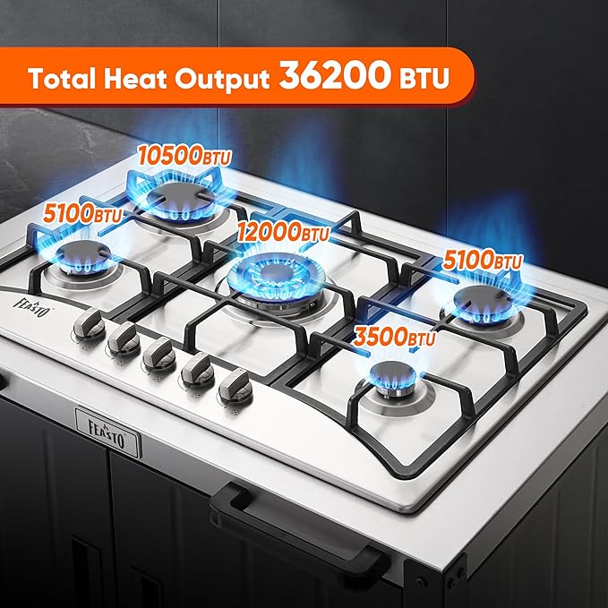 Gas Grill, Movable Outdoor Gas Stove Stainless Steel Top with Cabinet, 5 Burners with 36,200 BTUs, Outdoor Propane Grill for Outdoor Cooking, Ideal for Lawn & Garden, L35.4 x W24