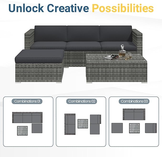 Wisteria Lane 5-Pieces Outdoor Patio Furniture Set, All Weather Wicker Rattan Sectional Sofa, Patio Conversation Set with Cushions & Glass Coffee Table for Backyard Porch Garden Balcony, Grey