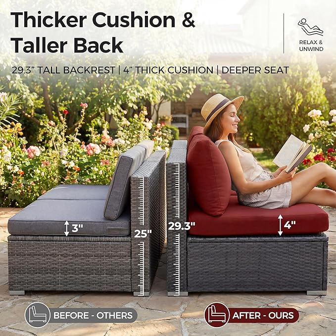 NICESOUL 9 Piece Plus Size Outdoor Patio Conversation Set with Firepit Natural Gas/Propane, 29.3'' High Back Modular Sectional Sofa Sets, Heavy Duty Backyard Furniture, 2 Color Cushion Red & Grey