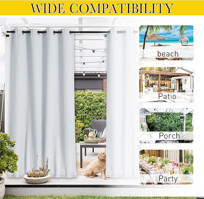 NICETOWN 2 Panels Outdoor Curtains for Patio Waterproof Extra Long 120", Windproof Thermal Insulated Top & Bottom Grommet & Back Tab Blackout Porch Drapes with Rope for Fixed, Greyish White, 52" Wide