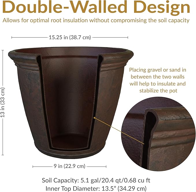Sunnydaze 15.25-Inch Anjelica Large Plastic Pot for Plants - Outdoor Double-Walled Large Plastic Planter with Drillable Drainage Holes - Rust - 4pk