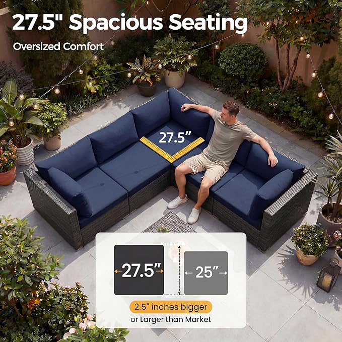 NICESOUL 7 Piece High-End Outdoor Furniture Sofa Set, 29.3'' High Back XL Large Grey Wicker Patio Modular Sectional with Side Tables, All-Weather Couches for Backyard Deck, 2 Color Cushion Navy & Grey