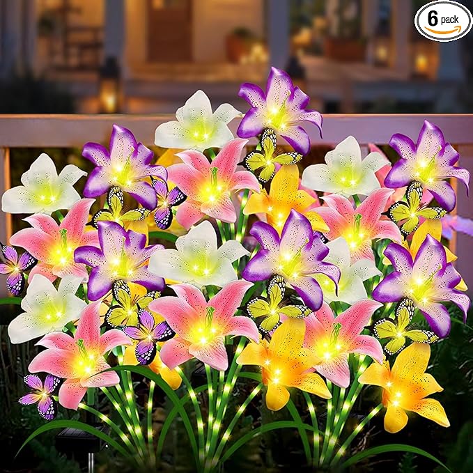 Solar Garden Lights 6 Pack LEDs Solar Lilies Flower Lights, Yard Patio Pathway Decoration High Flexibility Copper Wire Handmade Silk Artificial Flowers Never Wither, Gift for Family Friends