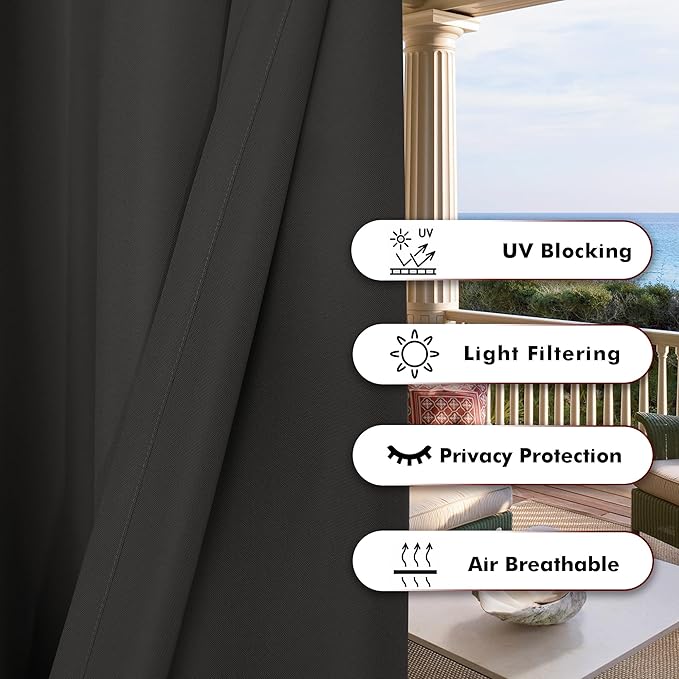 BONZER Waterproof Indoor/Outdoor Curtains for Patio Thick Privacy Wide Grommet Curtains for Bedroom, Living Room, Porch, Pergola, Cabana, 1 Panel, 110W x 120L inch, Charcoal