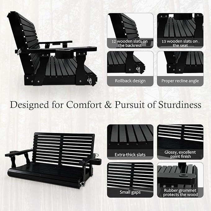 Wooden Porch Swing 2-Seater, High Backrest and Deep Seat, Bench Swing with Cupholders, Hanging Chains and 7mm Springs, Heavy Duty 880 LBS, for Outdoor Patio Garden (Carbon Black - 4 FT Extra Large)