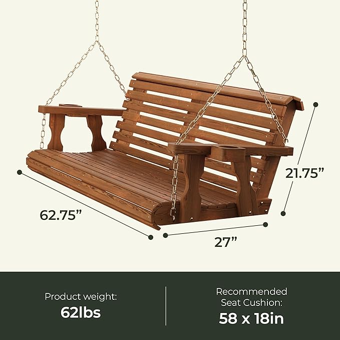 Amish Casual 4 Foot Roll Back Porch Swing with Cup Holders in Dark Walnut Stain - Amish Made in The USA from Treated Pine Heavy Duty 700 Lb. Weight Capacity