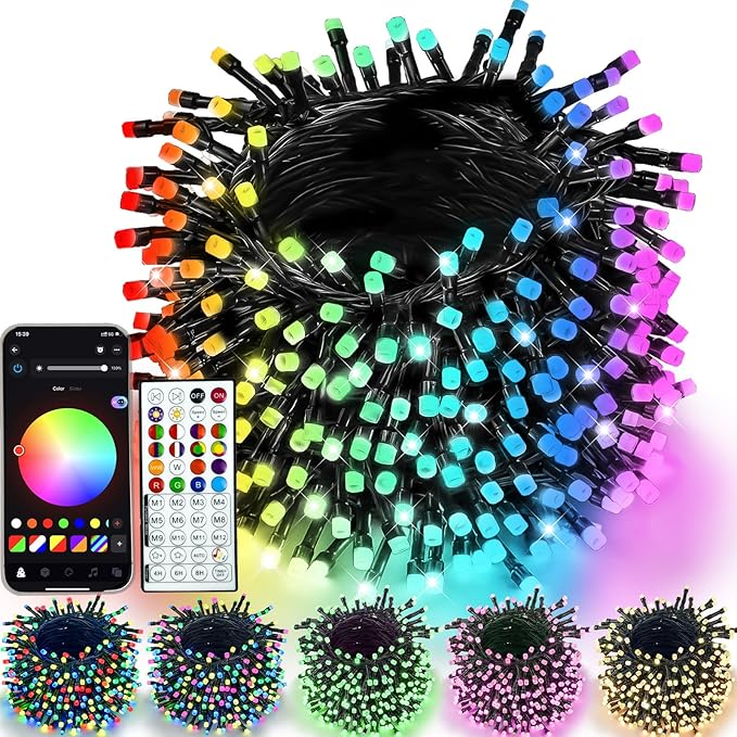 YIQU Smart Color Changing Christmas Lights, 66 FT 200 LED RGB String Lights with Remote App Control and Timer, Music Sync Multiple Modes Twinkle Mini Light Waterproof Indoor Outdoor