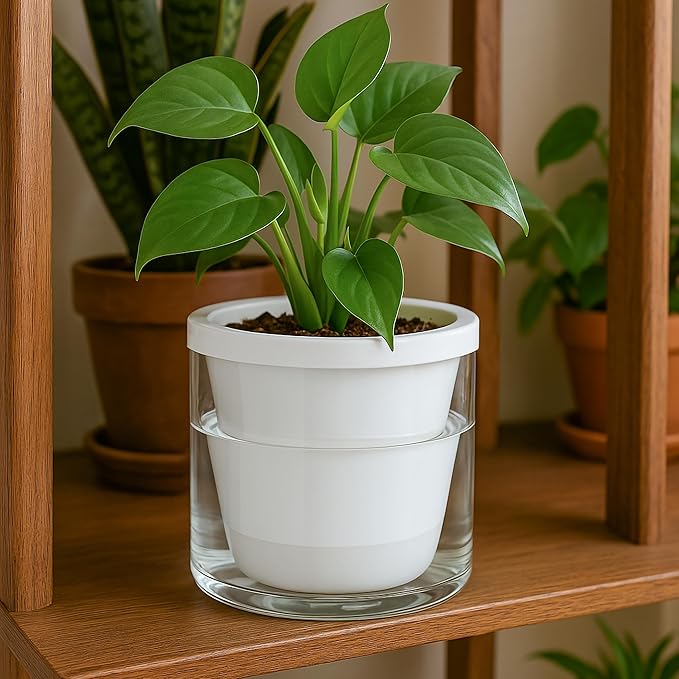 D'vine Dev 6 Inch Design Self Watering Planter for Indoor Plants, White Terracotta Pots with Cylinder Glass Cup, Set of 2, 37-Y-B-2