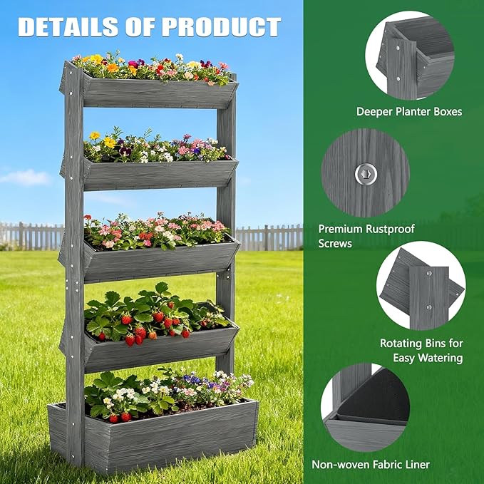 Wooden Vertical Raised Garden Bed, 5 Tier Garden Planters Raised Beds Freestanding Plant Stand Flower Rack Wooden Planter Box for Plants Herbs Flowers Vegetables Outdoor Indoor Gardening