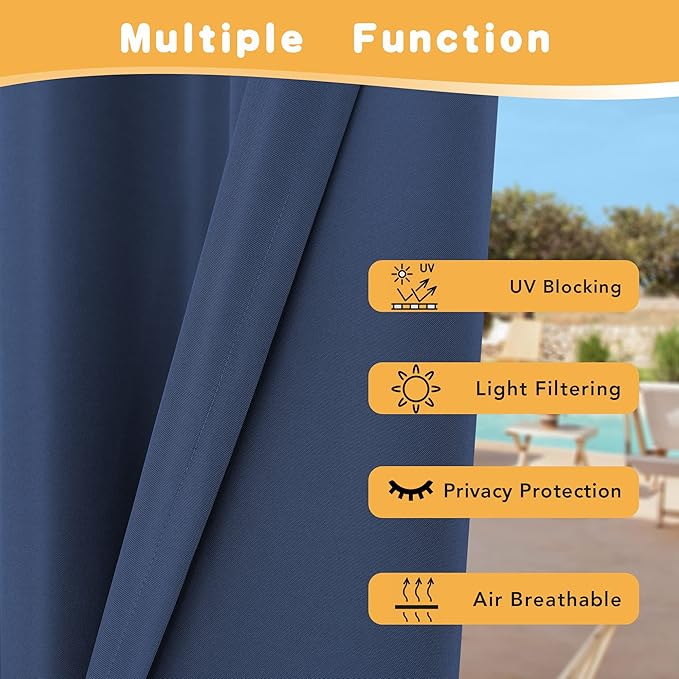 HolidayIdeas Outdoor Curtains for Patio Waterproof, 4 Panels - 54 x 95 Inch - Privacy Protection & Light Filtering Curtains Navy Grommet Outside Curtains for Porch, Gazebo, Pergola, Backyard