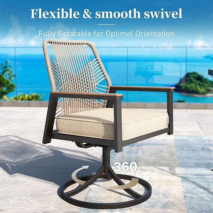 Patio Dining Set 7 Piece, 6 x Woven Rattan Swivel Chairs with Waterproof Cushion, 54” Metal Round Dining Table with Umbrella Hole, Outdoor Table and Chairs Set for Backyard Lawn and Deck,Beige