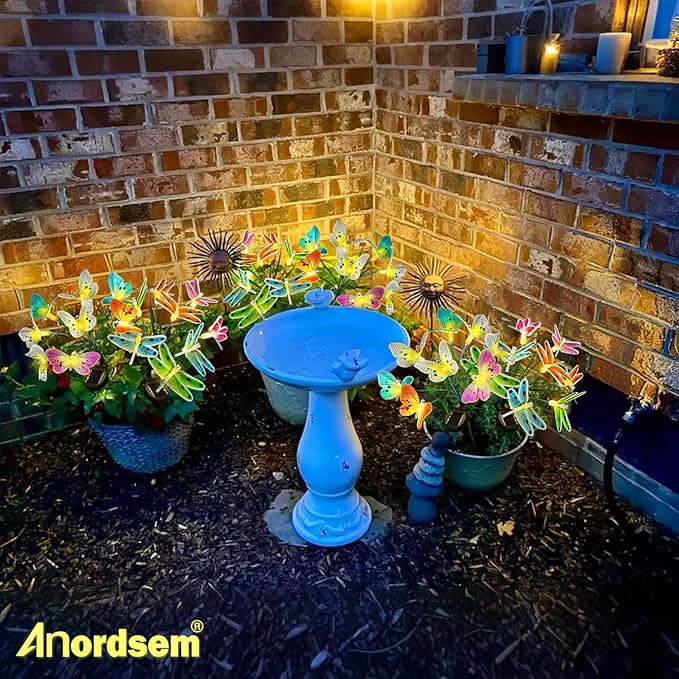 Anordsem Solar Garden Lights Outdoor: 8 Removable Fiber Optic Fabric Dragonflies 4 Pack - Waterproof Fun Animal Decoration for Yard Patio - Gardening Gifts for Garden Lovers