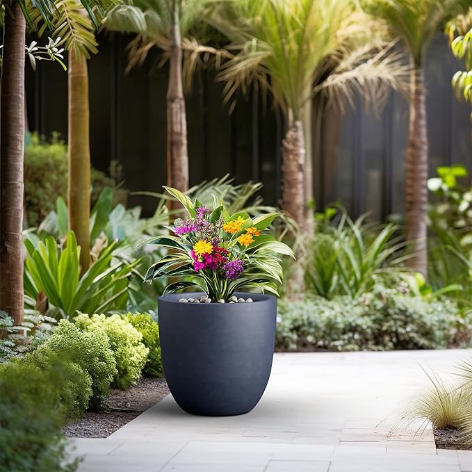 Kante 18 Inch Dia Round Concrete Planter, Indoor Outdoor Large Plant Pot with Drainage Hole and Rubber Plug for Home Patio Garden, Charcoal
