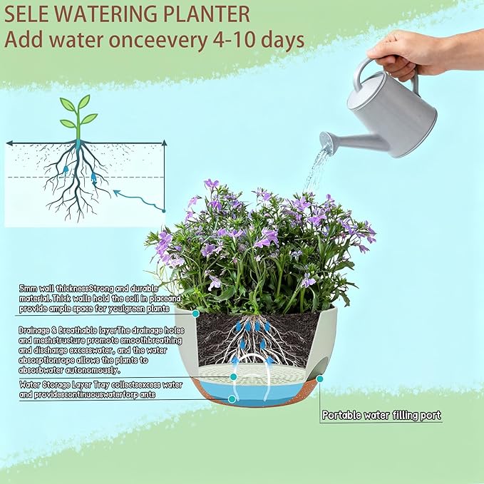 Set of 4-8 Inch Self Watering Hanging Planters for Indoor Outdoor，Hanging Plant Pots with Drainage & Removable Tray, Hanging Pots Holder for Ivy, Pothos, Ferns, Balcony & Patio, Green Brown