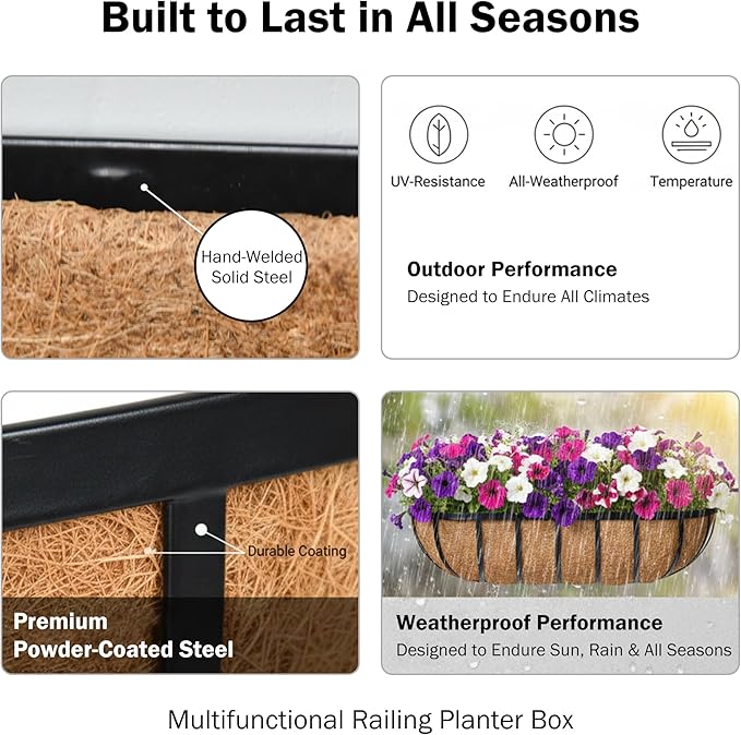 16“ Window Box Railing Planter with Coco Liner Metal Wall-Mounted Coconut Liner Basket English Horse Trough Planter for Outdoor Deck Balcony Porch Fence Patio Black (4 Pack)
