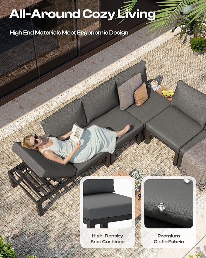 Aluminum Outdoor Patio Furniture Set, 4 Seats Modular Patio Sectional Sofa Set with Adjustable Backrest & Removable Cushions, All-Weather Outdoor Conversation Sets for Garden & Yard, Graphite