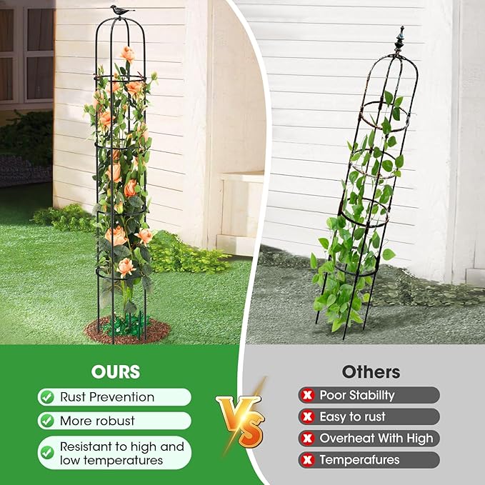 Tower Obelisk Garden Trellis for Climbing Plant，6.3FT/75.6" Rustproof Metal Potted Plant Climbing Support for Indoor Outdoor Flowers Vegetable Fruits Vines Support (2PCS)