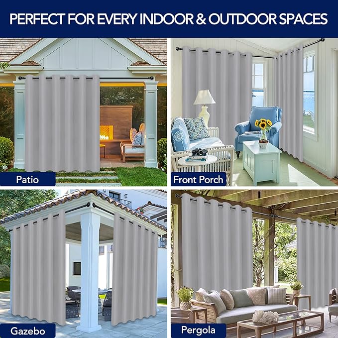 PureFit Outdoor Curtains for Patio Waterproof Weatherproof, UV Resistant Outside Curtains for Gazebo, Front Porch, Pergola, Sun Blocking Privacy Curtain, 100W x 108L inch, 1 Panel, Light Gray