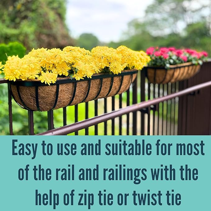 LaLaGreen Deck Railing Planter Box - 2 Pack, 36 Inch Large Wall Planters for Outdoor Plants, Window Flower Boxes Attach House with Coco Liners Metal Horse Troughs Fence Balcony Patio Porch Over Rail