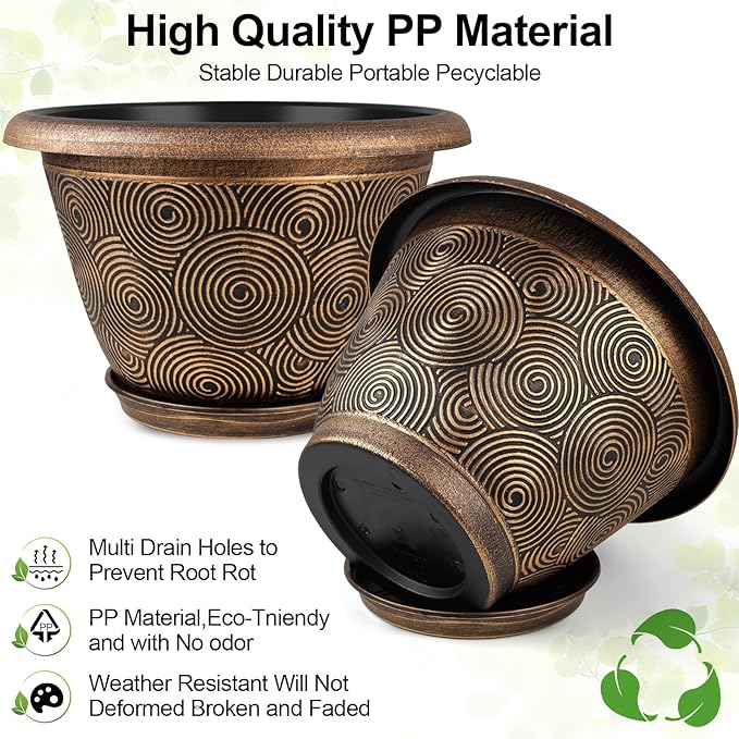 10 Inch Flower Pots Planters for Indoor Outdoor Plants, 3 Pack Plastic Large Plant Pots with Drainage Hole & Tray, Modern Decorative Garden Pot with Saucer, Plant Container for House