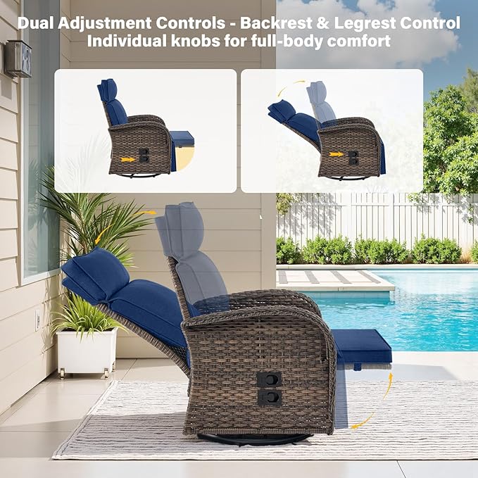 Belord Dual-Adjust Outdoor Swivel Recliner Chair – Wicker Reclining Patio Chair with Adjustable Backrest and Footrest, All-Weather Wicker Chaise Lounge Chair Outdoor for Pool Deck (2.0)