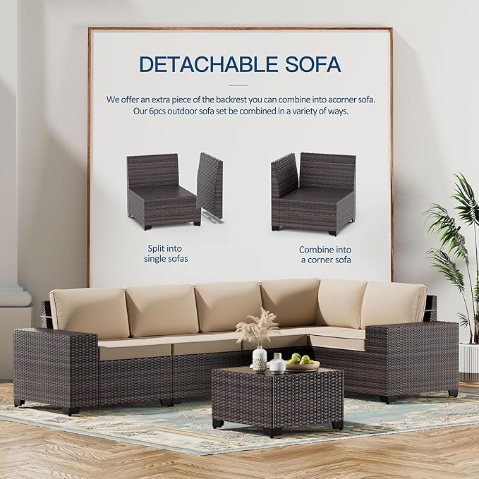 Kullavik 10 Pieces Outdoor Patio Furniture Set,PE Wicker Rattan Sectional Sofa Patio Conversation Sets with 43" 55000BTU Gas Propane Fire Pit Table,Swivel Rocking Chairs Set,Sand