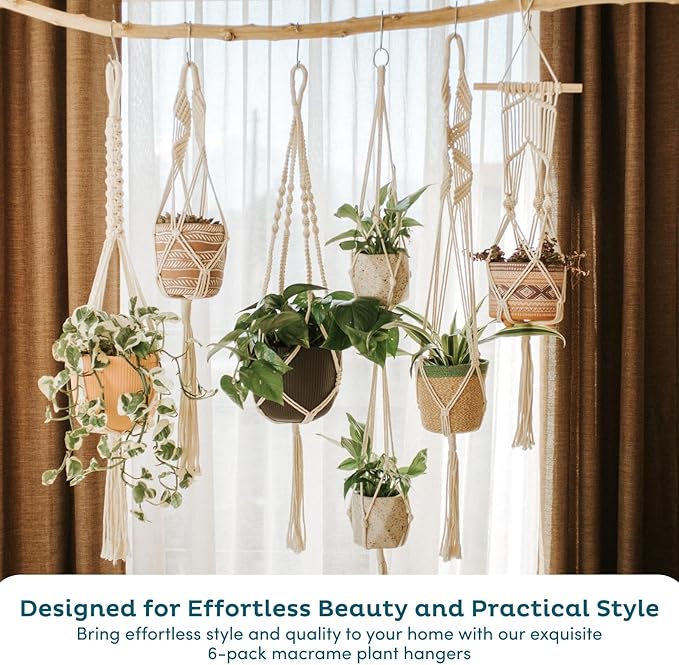 Nook Theory 6-Pack Macrame Plant Hangers with 12 Hooks - Hanging Planters for Indoor Plants, Boho Macrame Hangers Indoor Outdoor, Decorative Plant Hanger Indoor (Cream)