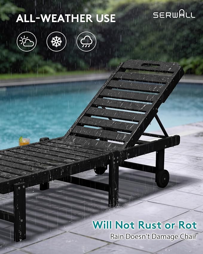 SERWALL Patio Chaise Lounge Chair Set of 4, HDPE Outdoor Lounge Chair with Cup Holder, 5 Positions Adjustable Poly Lounger with Rolling Wheels for Poolside, Deck, Sunbathing, Black