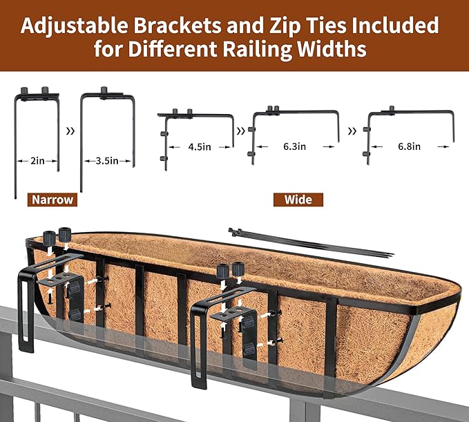 2pcs 30' Planter, Metal Window Box with Coco Liner, Wall Planter for Outdoor Indoor Balcony, Rustic Horse Trough Style