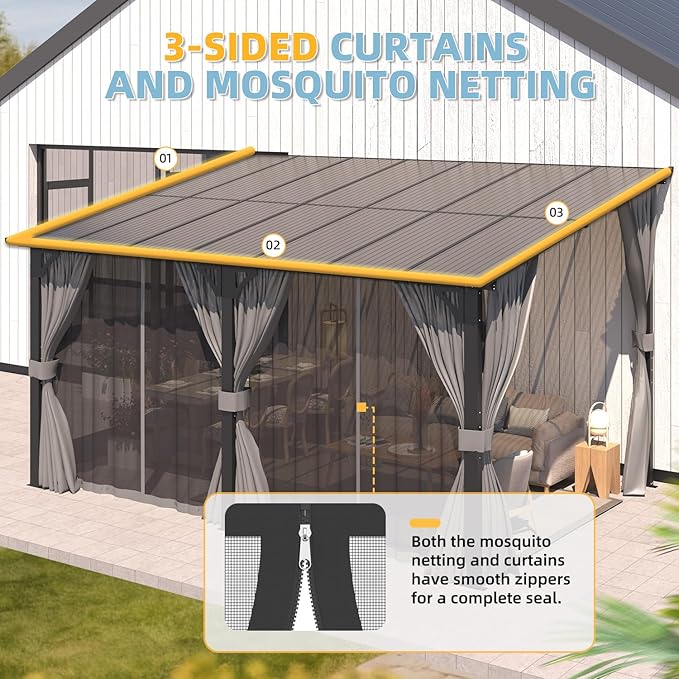 AECOJOY 16' x 8' Gazebo Outdoor Pergola with Curtains and Netting, 8'x16’ Hard Top Lean to Pergolas and Gazebos Clearance with Patio Roof Shelter, Large Wall-Mounted Heavy Duty Metal Awnings for Patio