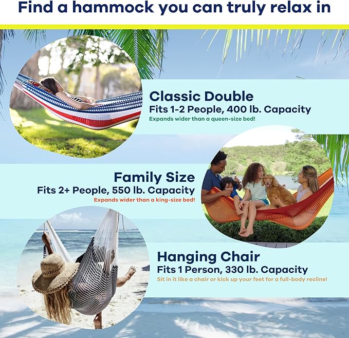 Handwoven Hammock by Yellow Leaf Hammocks - Family Size, Fits 2+ PPL, 550lb max - Weathersafe, Super Strong, Easy to Hang, Ultra Soft, Artisan Made - Color: Stripe Navy Blue - White