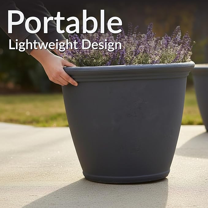Sunnydaze 24-Inch Anjelica Large Plastic Pot for Plants - Outdoor Double-Walled Large Plastic Planter with Drillable Drainage Holes - Slate