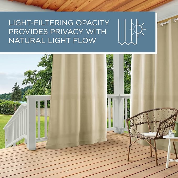 TOWN & COUNTRY BASICS Cabana Solid Heavyweight Indoor Outdoor Curtains, Light Filtering Opacity with Grommet Top, Water Repellent, 2-Pack Set, 54"x120", Natural