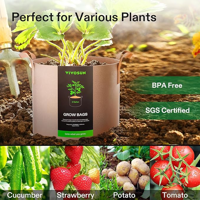 VIVOSUN 5-Pack 2 Gallons Grow Bags Heavy Duty Thickened Nonwoven Fabric Pots with Strap Handles Tan