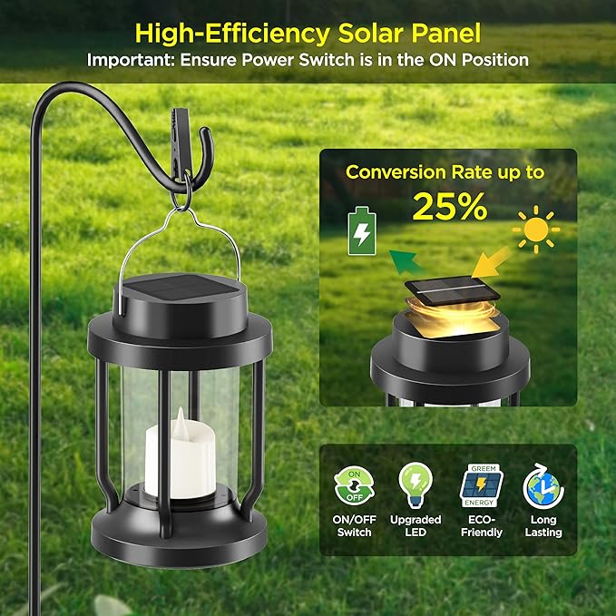 Solar Lantern Outdoor & Indoor Use – Hanging Solar Lights with Realistic Flickering Flameless Candle, Weatherproof for Gardens, Patios, Trees, and Lawns (Black, 4 Pack)