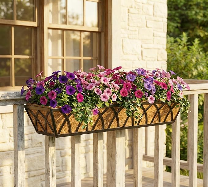 Y&M 30 Inch Window Deck with Coco Liner, Fence Metal Hanging Flower Planter Window Basket Deck Railing Planter Boxes for Outdoor Garden Lawn,6pcs