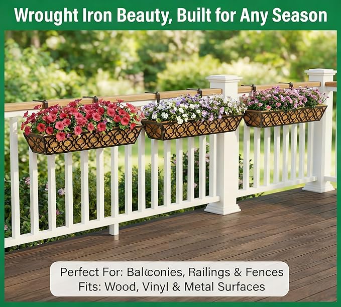 Y&M 30 inch Window Planter Box 2Pcs Iron Window Deck Railing Planter with Coco Liner, Metal Horse Troughs Fence Planter for Outdoor Balcony Rail Fence Porch Patio
