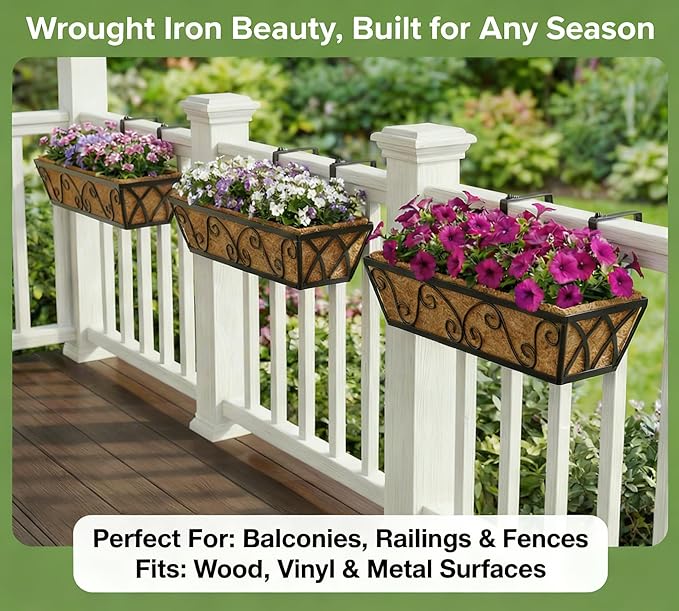 Y&M 24 Inch Window Deck with Coco Liner, Fence Metal Hanging Flower Planter Window Basket Deck Railing Planter Boxes for Outdoor Garden Lawn-Butterfly,4pcs