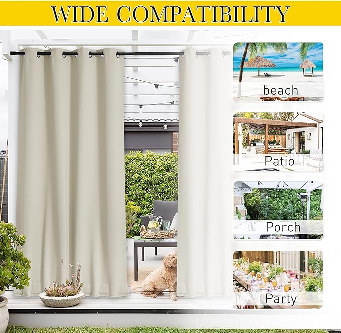 NICETOWN 2 Panels Outdoor Curtains for Patio Waterproof 84" Long, Windproof Grommet & Back Tab on Top & Bottom Thermal Insulated Sun Blocking Drapes with Rope for Gazebo, Beige, W100 per Panel