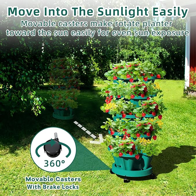 Strawberry Vertical Planters Tower Garden, 7 Tiered Stacking Herb Vegetable Planter with Support Pole Indoor and Outdoor - Hunter Green
