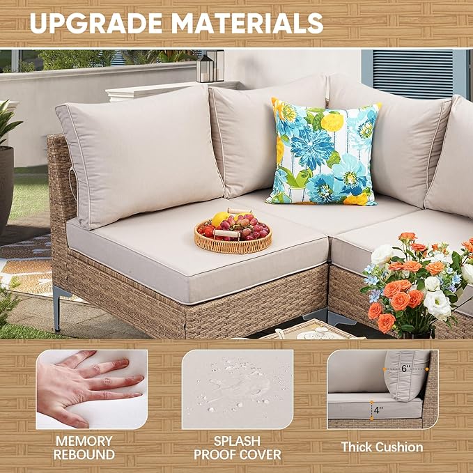 5 Piece Wicker Patio Furniture Set,Outdoor Conversation Sectional Sofa w/Coffee Table,All-Weather Outdoor Sofa with Thick and Anti-Slip Cushions for Deck,Poolside,Garden,Beige