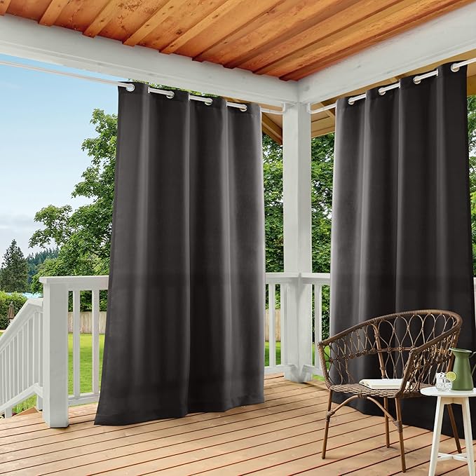 Town & Country Basics Cabana Solid Heavyweight Indoor Outdoor Curtains, Light Filtering Opacity with Grommet Top, Water Repellent, 2-Pack Set, 54"x96", Black