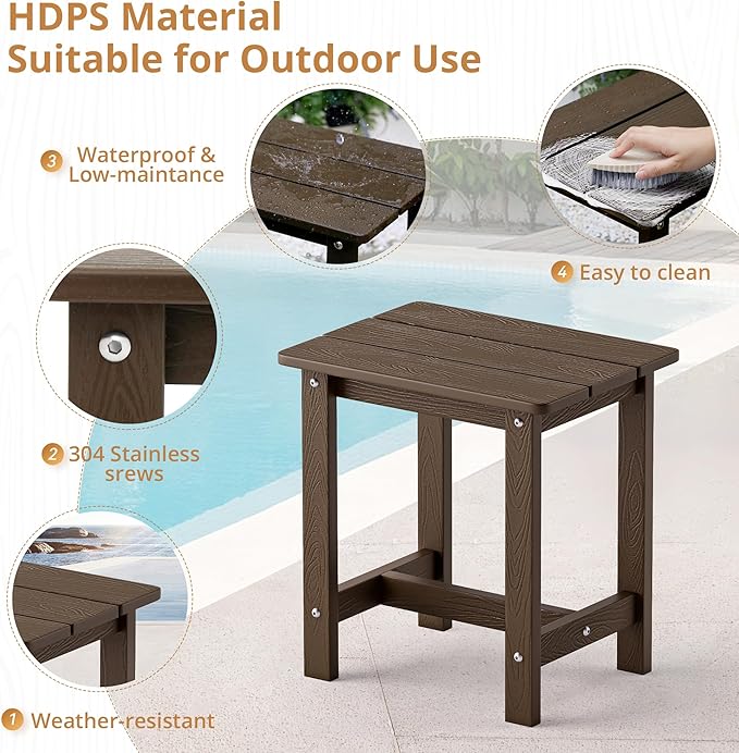 LUE BONA Outdoor Side Table Set of 2, HDPS Small Outdoor Table, Adirondack Side Table, Outside End Table for Patio, Deck, Pool, Weather Resistant/Easy Maintenance/Indoor or Outside Use, Dark Brown