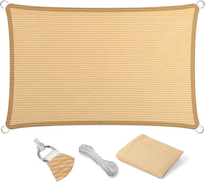 Eden's Decor Straight Flat-Edged Sun Shade Sail Rectangular 12' x 17' Beige UV-Blocking Outdoor Canopy Fabric Cloth Awning for Pergola Patio Garden Backyard Custom Size