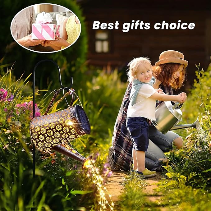 2 Pack Solar Watering Can Lights with Shepherd Hook, 8 Multi-Color Changing Modes, IP65 Waterproof, 60pcs String Lights for Outdoor Garden Pathway Lawn Patio Deck Walkway Courtyard
