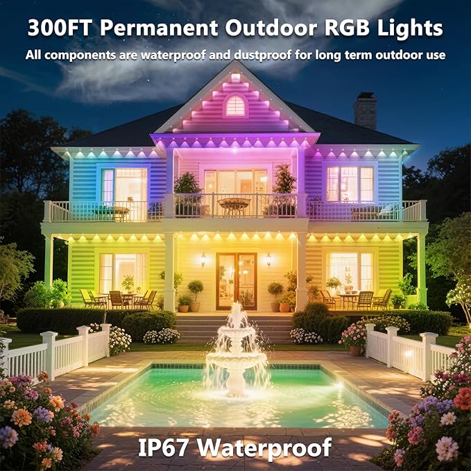 500FT Permanent Outdoor RGB Lights, IP67 Waterproof Smart Eave Lighting, with App/Remote Control Eaves Light, DIY LED Scenes Modes for House Roof Decor,Christmas,Party