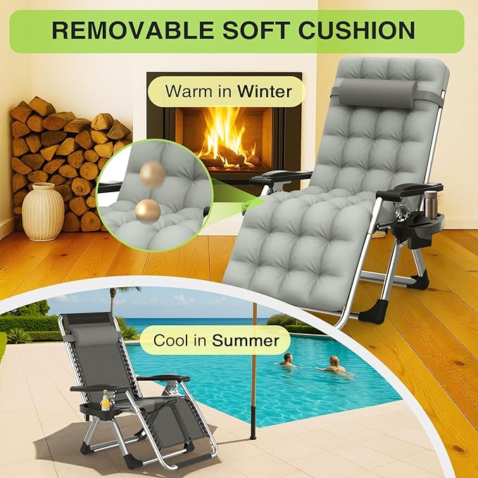 Suteck Zero Gravity Chair, Reclining Camping Lounge Chair w/Removable Cushion, Upgraded Lock and Cup Holder, Reclining Patio Chairs Folding Recliner for Indoor and Outdoor